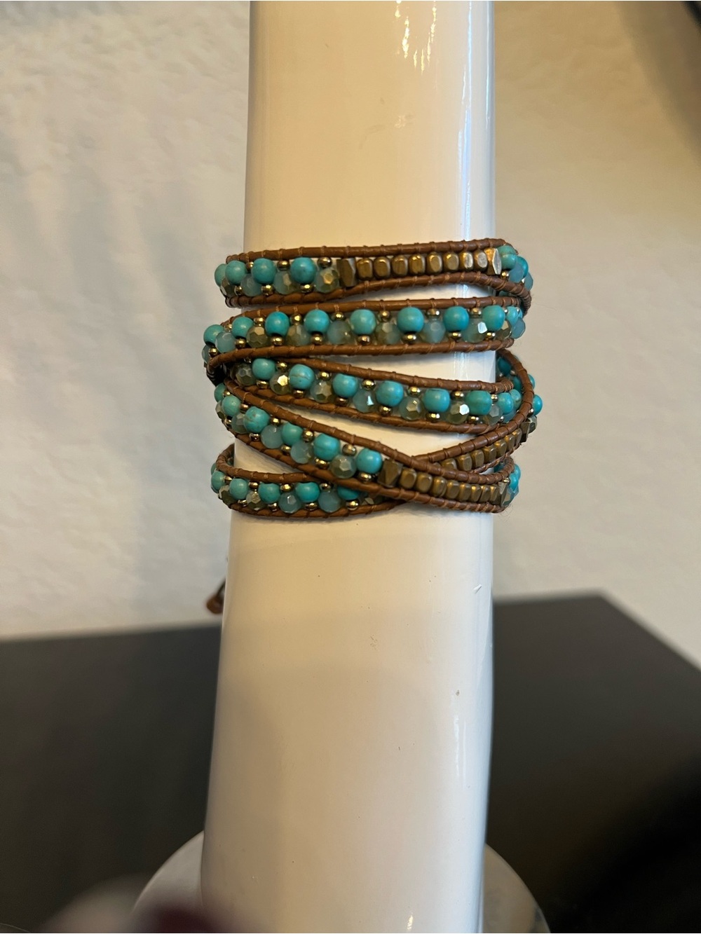Nakamol Turquoise Bead Wrap Bracelet with Brown Cord
